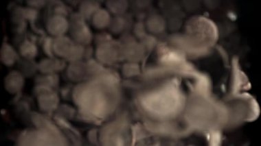 Çikolata parçaları erimiş çikolatanın içine düşer. 1000 fps 'de yüksek hızlı bir kamerayla çekildi. Yüksek kaliteli FullHD görüntüler