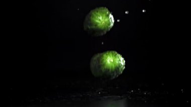 Salatalıklar siyah arka plana düşüyor. 1000 fps 'de yüksek hızlı bir kamerayla çekildi. Yüksek kaliteli FullHD görüntüler