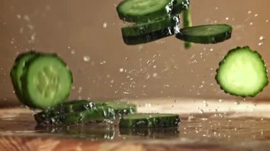 Dilimlenmiş salatalıklar masaya düşer. 1000 fps 'de yüksek hızlı bir kamerayla çekildi. Yüksek kaliteli FullHD görüntüler