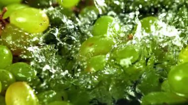 Yeşil üzümler suya düşer. 1000 fps 'de yüksek hızlı bir kamerayla çekildi. Yüksek kaliteli FullHD görüntüler