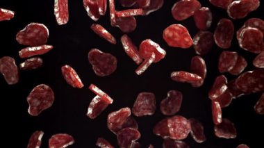 Dilimlenmiş salam bir aşağı bir yukarı uçar. 1000 fps 'de yüksek hızlı bir kamerayla çekildi. Yüksek kaliteli FullHD görüntüler