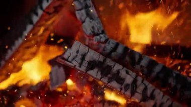 Şöminede yakacak odun ve kömür yanıyor. Yüksek kalite 4k görüntü