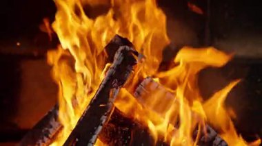 Şöminede yakacak odun ve kömür yanıyor. Yüksek kalite 4k görüntü