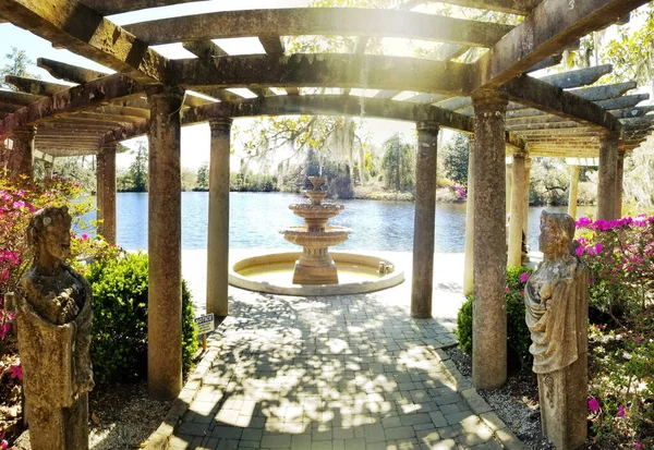 北卡罗莱纳州威明顿海莉花园湖面上美丽的喷泉和树篱 — 图库照片