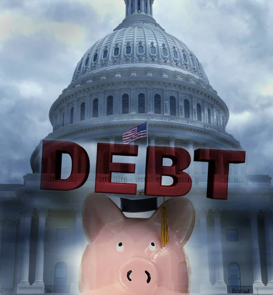 Capitol Debt Text Piggy Bank Wearing Graduation Cap — Stock Photo, Image