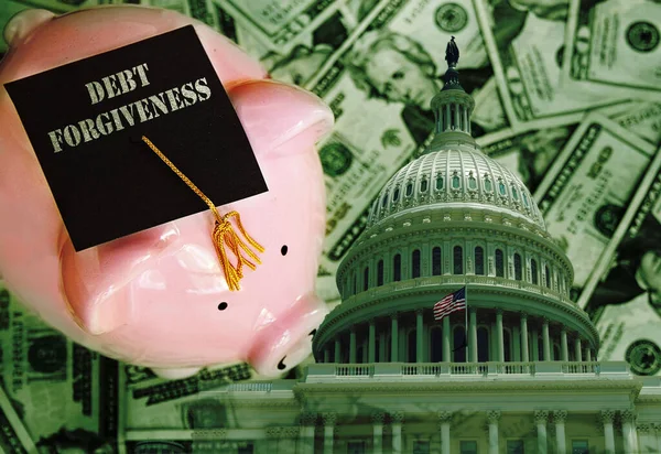 Piggy Bank Met Schuldkwijtschelding Graduation Cap Contant Geld Met Capitol — Stockfoto