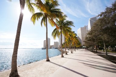 Miami şehir merkezindeki Biscayne Körfezi boyunca Bayfront Park 'ta yürüyüş yolu.                               