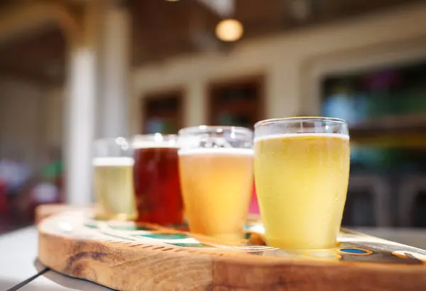 stock image A flight of craft beer from Fishtowne Brewery in downtown Beaufort , North Carolina                               
