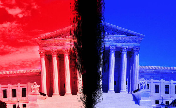  The US Supreme Court in Washington DC divided into red and blue -- political polarization concept