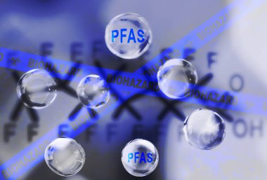 Water droplets with a PFAS chemical structure and Biohazard text-- contaminated drinking water concept                               clipart