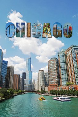 Chicago 'nun gökyüzü manzarası ve Chicago Nehri' ndeki tur tekneleri.                             