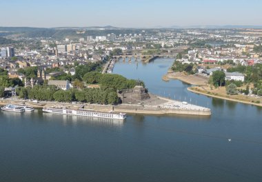 Deutsches Eck (translated German corner) in Koblenz, Germany - confluence of river Rhine and river Mosel