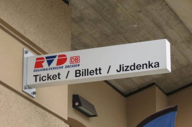 DRESDEN, GERMANY - CIRCA MARCH 2016: ticket office sign written in English, German and Czech (Ticket, Billett, Jizdenka) at the railway station