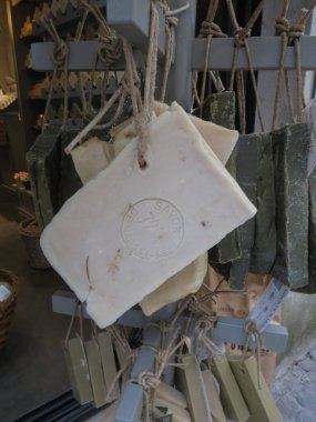 CARCASSONNE, FRANCE - CIRCA AUGUST 2018: Savon de Marseille translated Marseille soap, on display for sale