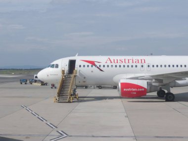 VIENNA, AUSTRIA - OCTOBER 07, 2018: Austrian Airlines Airbus A320-200 Carnuntum parked at the airport clipart