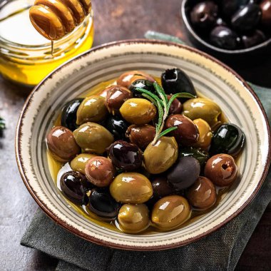 Ballı bir kasede siyah ve yeşil zeytin, bilimsel adı Olea europaea sylvestris meyveli vejetaryen yiyecekler, yapay zekanın yarattığı imaj.