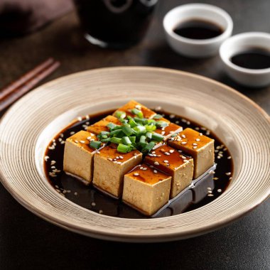 Tofu, nam-ı diğer tau fu, soya soslu dilimler, yapay zeka tarafından üretilen görüntü.