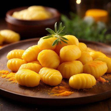 Gnocchi allo zafferano, geleneksel İtalyan makarnası, yapay zeka tarafından üretilen görüntü.