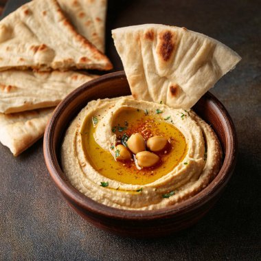 Kırmızı kırmızı biberli humus ve zeytinyağı, pita ekmeği, yapay zeka ürünü görüntü.