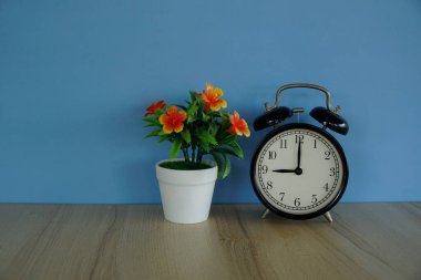 Çiçek saksısı ve çalar saat masanın üstünde.