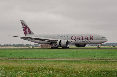 Amsterdam Netherlands - August 02, 2020: A Boeing 777 freighter from Qatar shortly afterTouch Down in AMS Schiphol