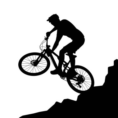 İniş yapan yarışçının siluet vektör çizimi. Off-road bisiklet, yokuş aşağı yarış ve ekstrem spor için uygun bir tasarım..