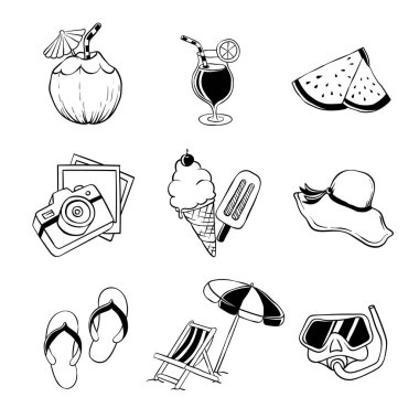 El çizimi, yaz titreşimlerinin çizimi. Yaz simgesi koleksiyonu. Hindistan cevizi, dondurma ve yaz tatili ikonu..