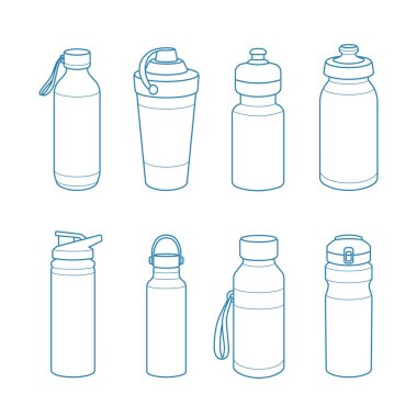 Yeniden doldurulabilir içme suyu şişelerinin tasarım koleksiyonu vektör çizimi. Paketleme sporu için uygun içecek şişeleri ve enerji içecekleri.