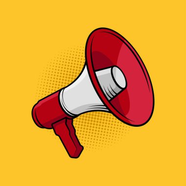 Megafon pop sanat illüstrasyonu. Kampanya ve bilgilendirme amaçlarına uygun. Hoparlör çizgi film vektörü.