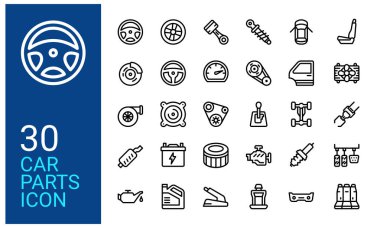 Araba parçaları ikonu ayarlandı. Ana hatlı araba yedek parça ikonu koleksiyonu. Otomotiv teknolojisi uygulaması için uygun.