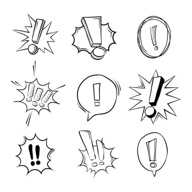 Ünlem işareti el çizim vektörü çizimi. Dikkat çekmek için uygun sohbet kabarcığı ögesi