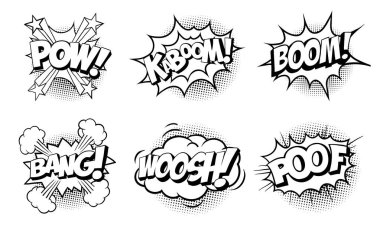 Çizgi roman etiketi paketi. Patlama etkisi komik ifade el çizimi illüstrasyon.