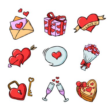 Kalpli, hediyeli, çiçekli ve karalama tarzında romantik sembollü el yapımı aşk öğesi..