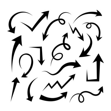 Yaratıcı tasarım için kavisli, zigzag ve spiral şekilli siyah dekoratif oklar koleksiyonu.