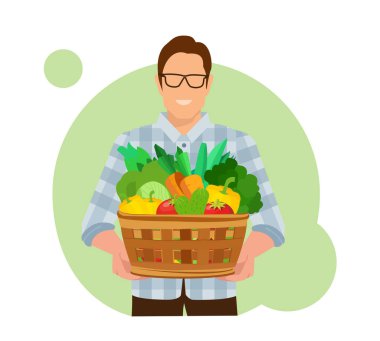Vector of a young farmer holding a basket with fresh vegetables