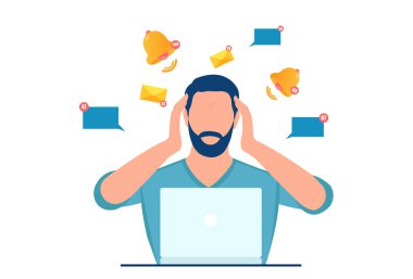 Vector of a stressed man, employee annoyed by multiple notifications, online messages, emails sitting in the office at desk with computer 