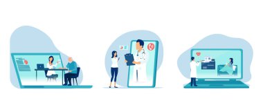 Vector set of patients young and senior having online consultations with medical specialists