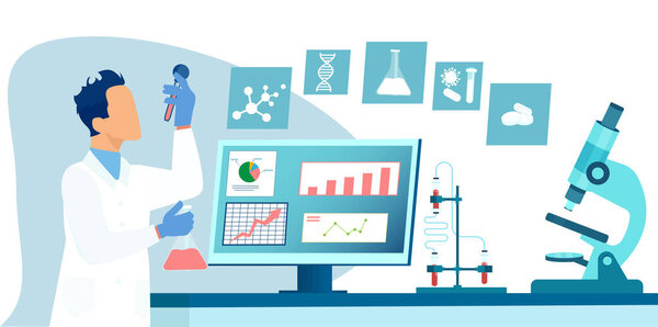 Вектор ученого-врача, работающего в медицинской лаборатории, анализирующего результаты испытаний на компьютере и держащего флакон