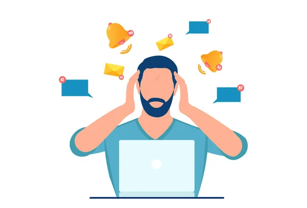 Vector Stressed Man Employee Annoyed Multiple Notifications Online Messages Emails — Stock Vector