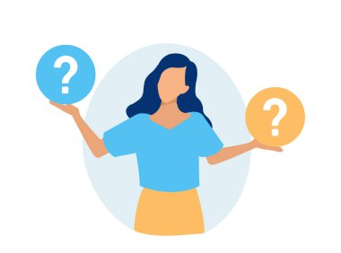Vector of a puzzled young woman in doubt thinking, analyzing two options. 