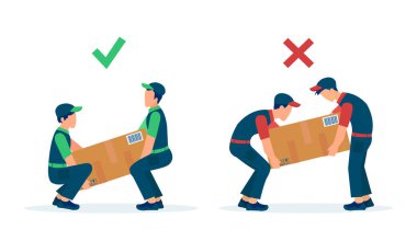 Objects lifting technique concept. Vector of movers workers load heavy boxes safety with correct body ergonomic positions vs wrong posture  clipart