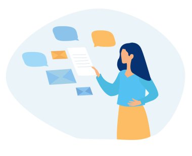 Vector of a young woman receiving e-mail letters, business messages and documents. 