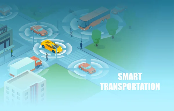 Isometric Vector Smart Transportation People Vehicles Moving City Streets Using — Stock vektor