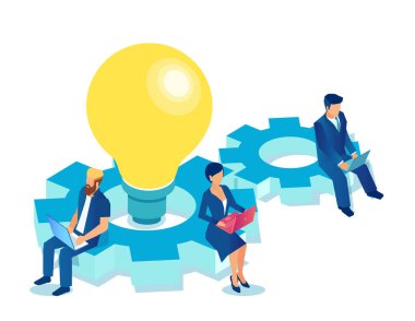 Dizüstü bilgisayarlar üzerinde çalışan ve yenilikçi fikirleri paylaşan bir grup insanın vektörü 