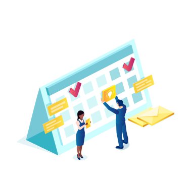 Bir işadamı ve yardımcısının yoğun ofis programını düzenleyen vektörü  