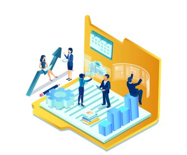 Ofiste çalışan iş adamlarının vektörü finansal verileri analiz ederek yeni fikirler üretiyor. 