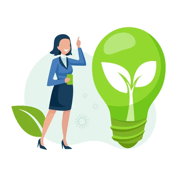 Vector Business Woman Standing Next Green Light Bulb — Stock Vector