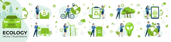 Ekologie Zelená Energie Elektrická Doprava Koncepce Udržitelné Spotřeby Vektorový Set — Stockový vektor