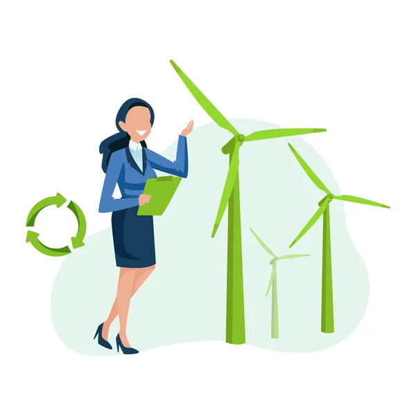 Vecteur Une Femme Affaires Offrant Une Solution Énergie Verte Éoliennes — Image vectorielle