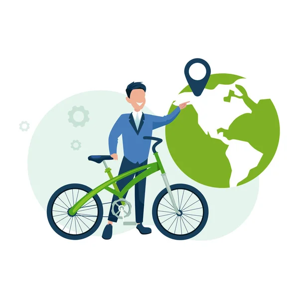 Transporte Limpo Conceito Ecologia Vetor Homem Com Uma Bicicleta Fundo —  Vetores de Stock